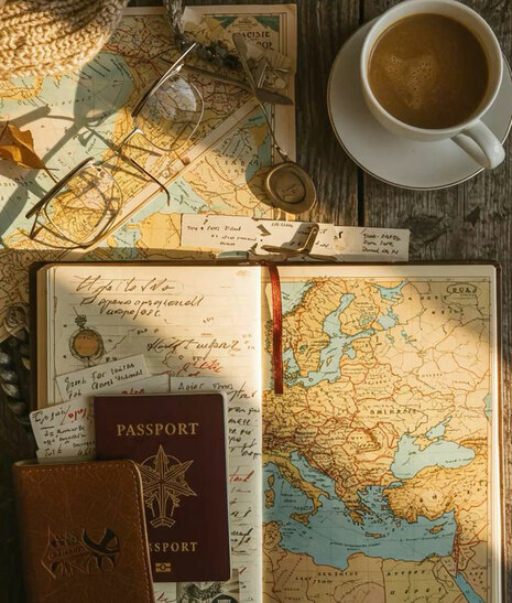 Agenda y pasaportes en la mesa junto a un cafe y lentes