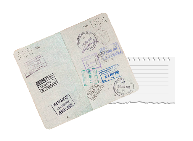 sellos en un pasaporte con papel rasgado